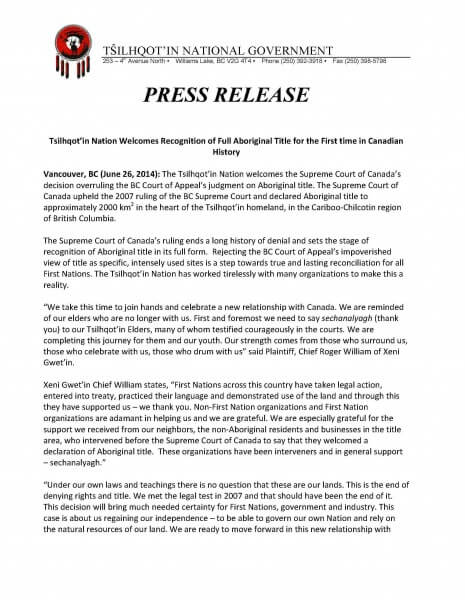 Tsilhqot’in Awarded Aboriginal Title in Landmark Case