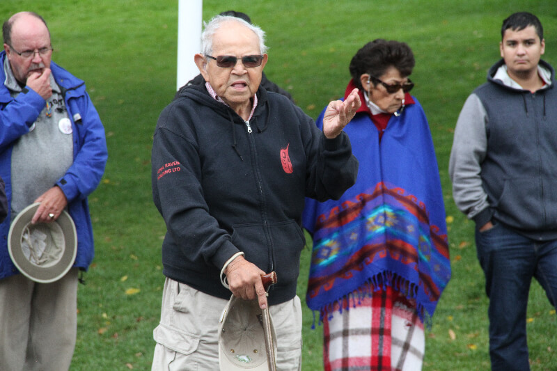 Elder welcome, Edmonton gathering for Justice Caravan. photo Gary McNutt
