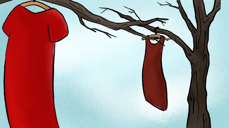 Digital Drawing of 2 red dresses hanging from tree branches